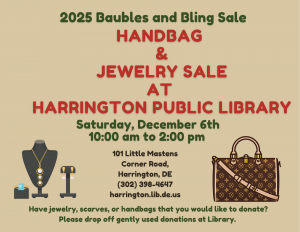 Jewelry and Handbag Sale at the library on December 6th from 10:00 am to 2:00 pm
